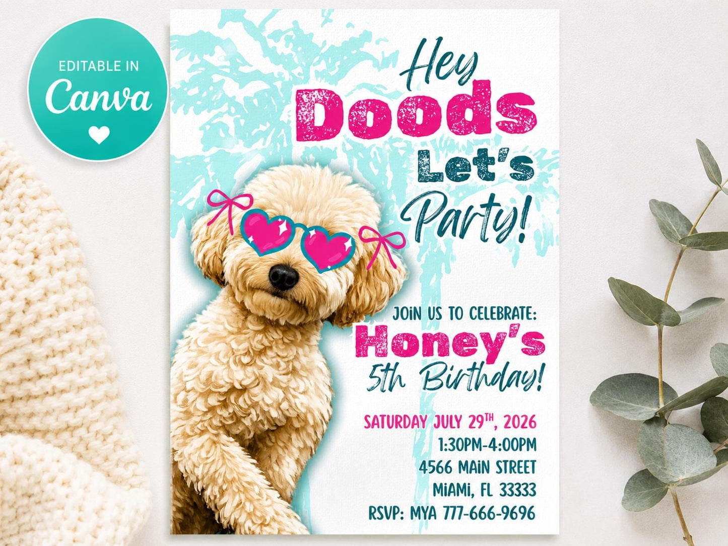Doodle Birthday Invitation Girl, Pink Puppy Party Template, Goldendoodle Birthday, Instant Download