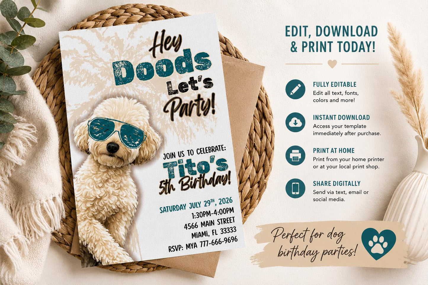 Editable Dog Birthday Invitation, Doodle Puppy Party Invite, Canva Template (Digital Download)