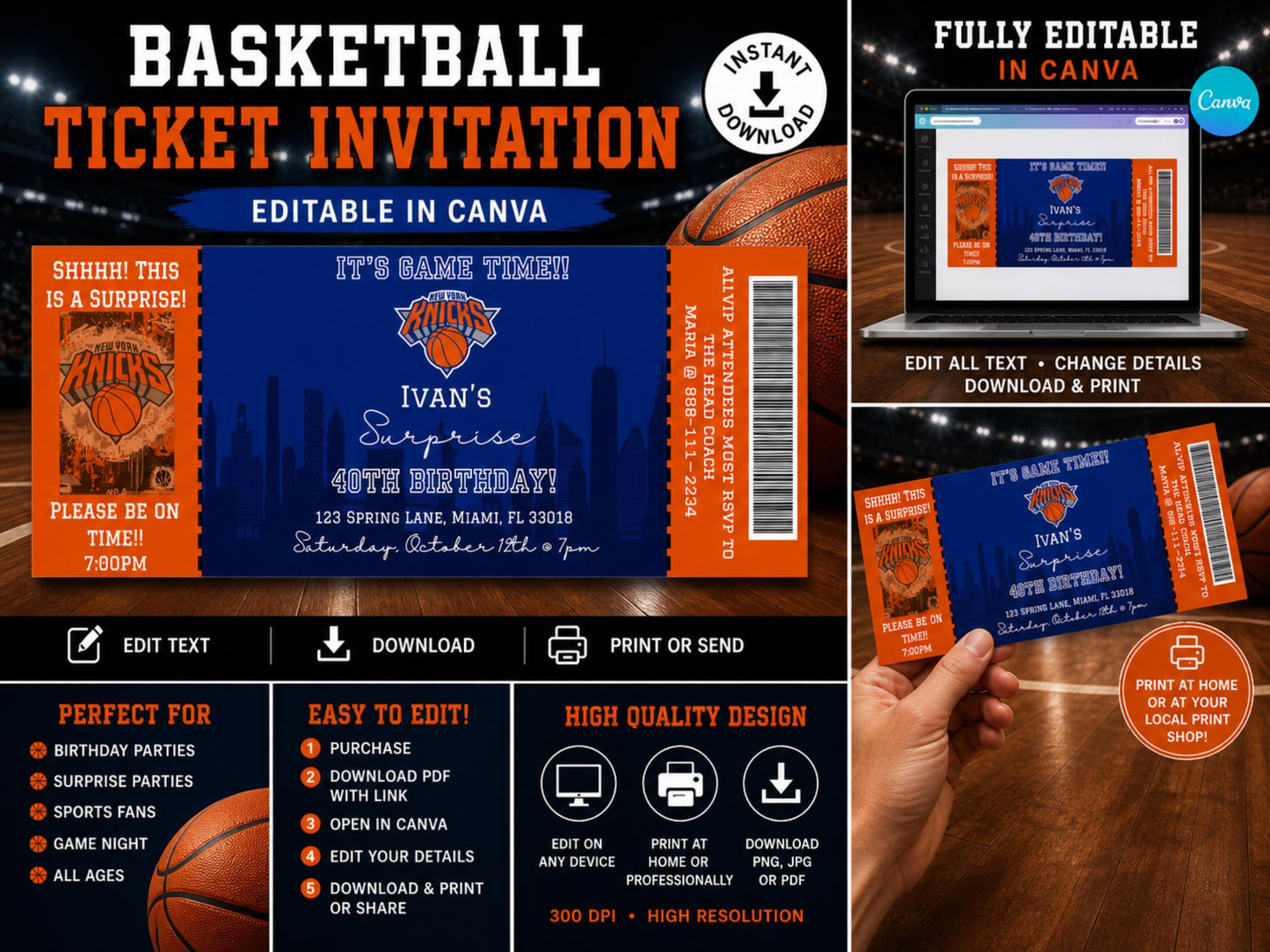Basketball Ticket Invitation | NY Knicks, Editable Template