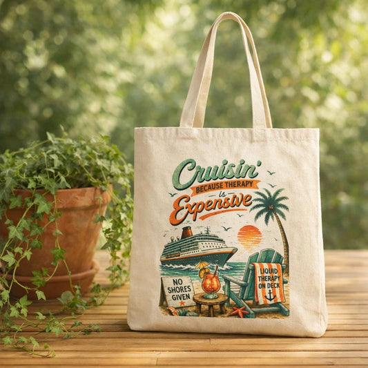 Cruisin' Because Therapy Is Expensive Tote Bag | Retro Cruise Ship Palm Beach Design
