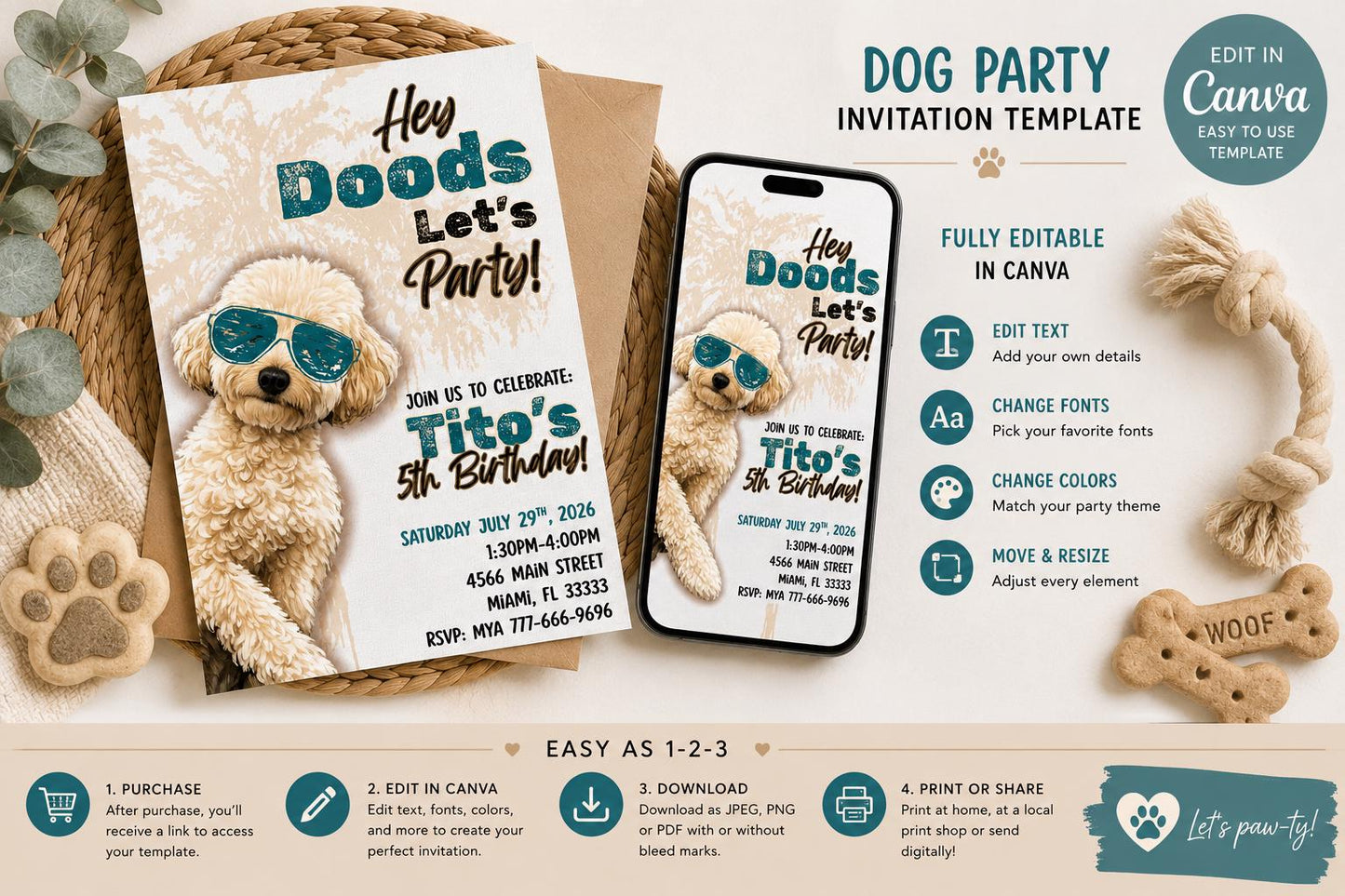 Editable Dog Birthday Invitation, Doodle Puppy Party Invite, Canva Template (Digital Download)