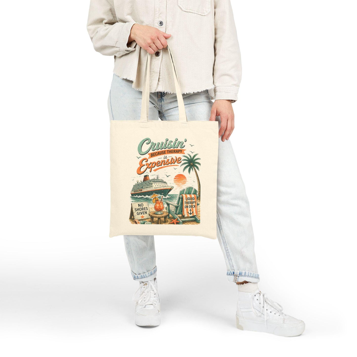 Cruisin' Because Therapy Is Expensive Tote Bag | Retro Cruise Ship Palm Beach Design