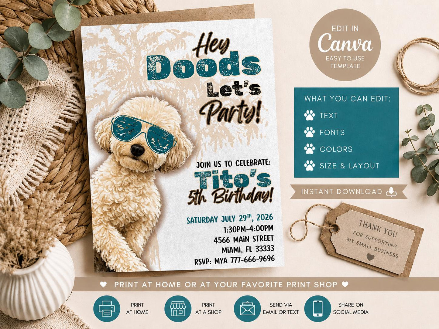 Editable Dog Birthday Invitation, Doodle Puppy Party Invite, Canva Template (Digital Download)
