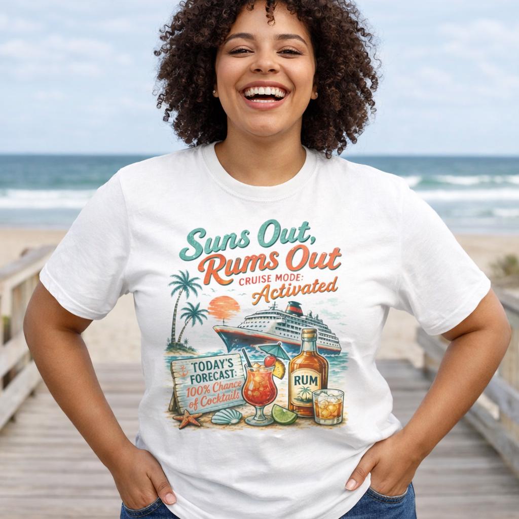 Suns Out Rums Out cruise mode activated T-Shirt | Tropical Rum Cocktail Beach Tee