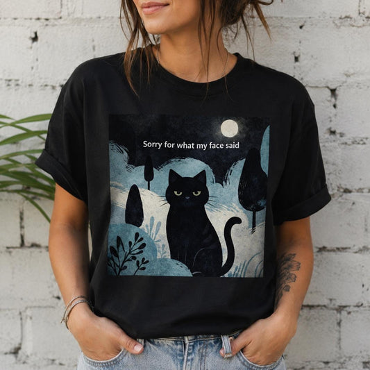 Sorry for What My Face Said Cat Tee, Black Cat Moon Illustration