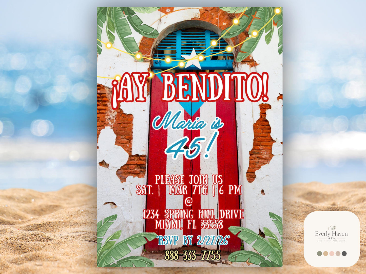 Puerto Rico Birthday Invitation, Tropical Fiesta Invite, Editable Template (Digital Download)