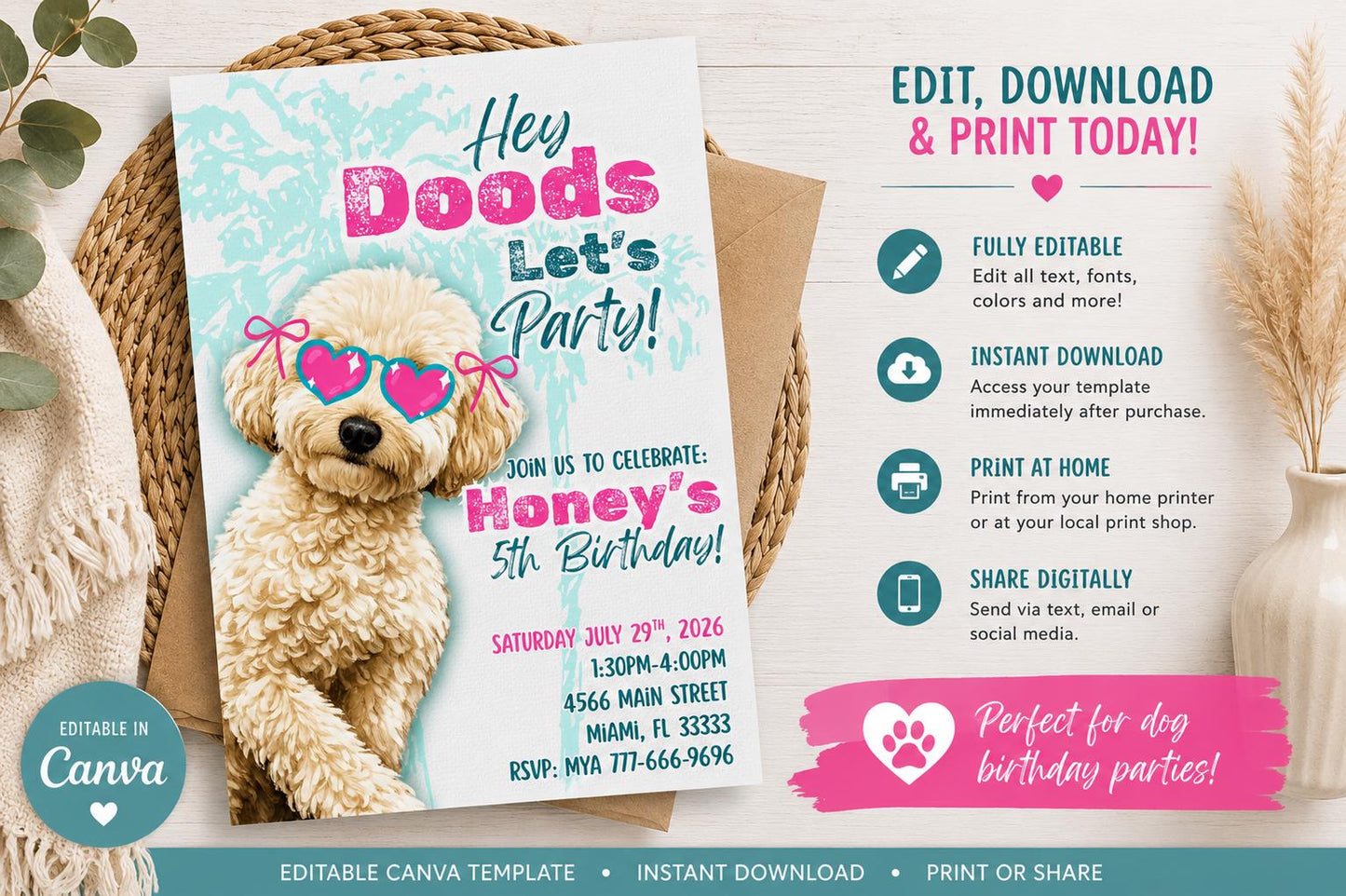Doodle Birthday Invitation Girl, Pink Puppy Party Template, Goldendoodle Birthday, Instant Download