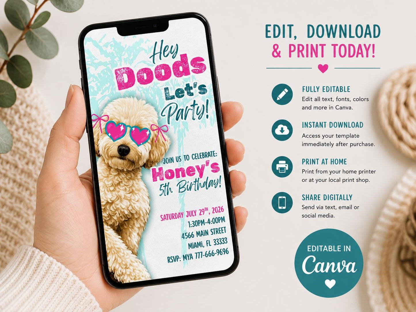 Doodle Birthday Invitation Girl, Pink Puppy Party Template, Goldendoodle Birthday, Instant Download
