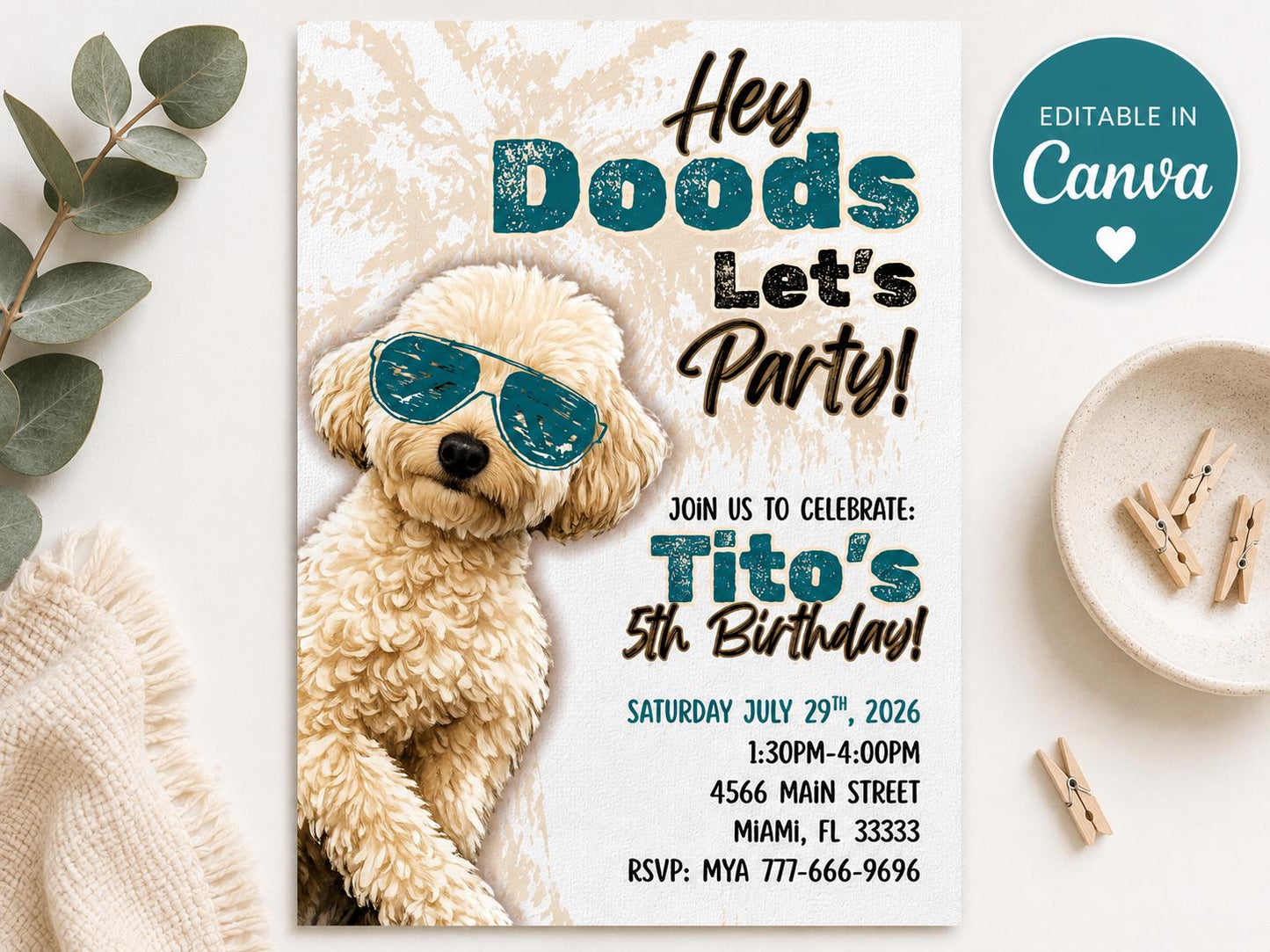 Editable Dog Birthday Invitation, Doodle Puppy Party Invite, Canva Template (Digital Download)