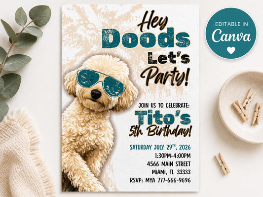 Editable Dog Birthday Invitation, Doodle Puppy Party Invite, Canva Template (Digital Download)