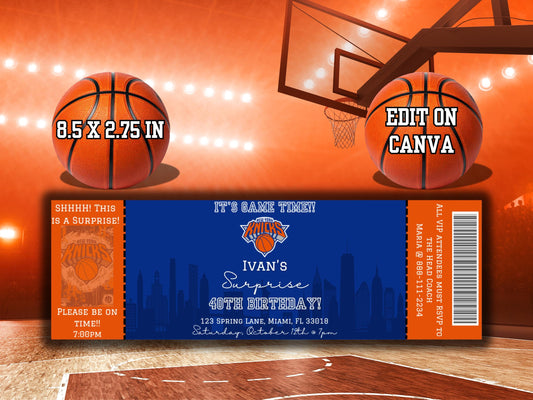 Basketball Ticket Invitation | NY Knicks, Editable Template
